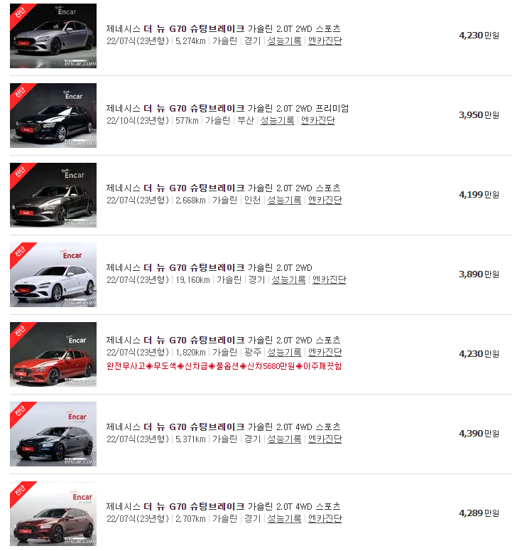 G70 슈팅브레이크 중고차 가격