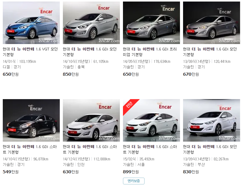 더 뉴 아반떼(13~15년식) 중고차 가격